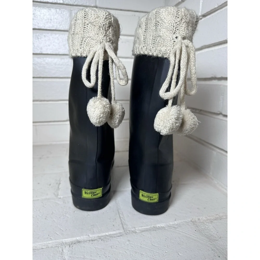 Western Chief Size 10 Black Rain Boots Y2K Disney Cozy Knit Cuff Pom Poms